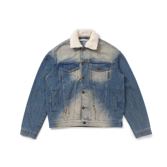 FUR COLLAR SPRAY PAINT DENIM JACKET - Chubbiechubbie